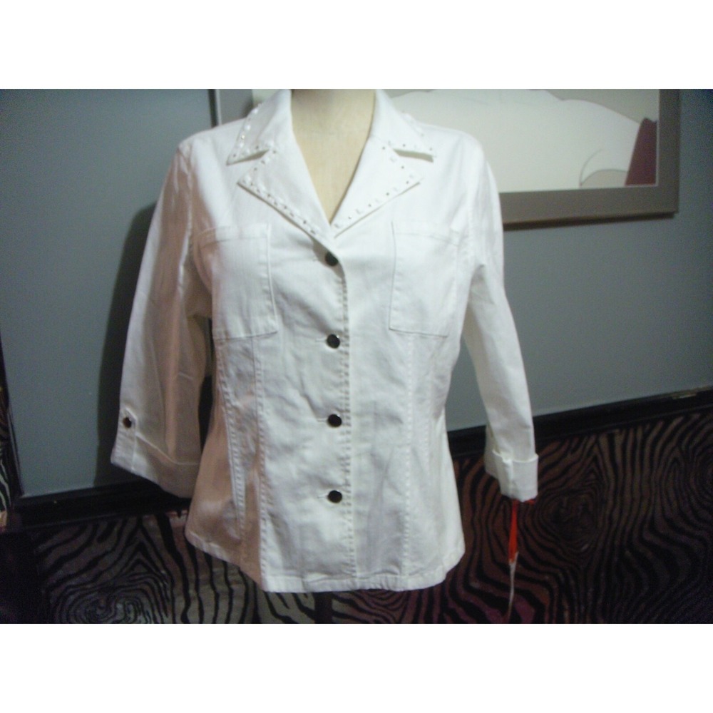 Womens 14 Hearts of Palm white denim jean jacket 3/4 sleeve beaded accent NWT